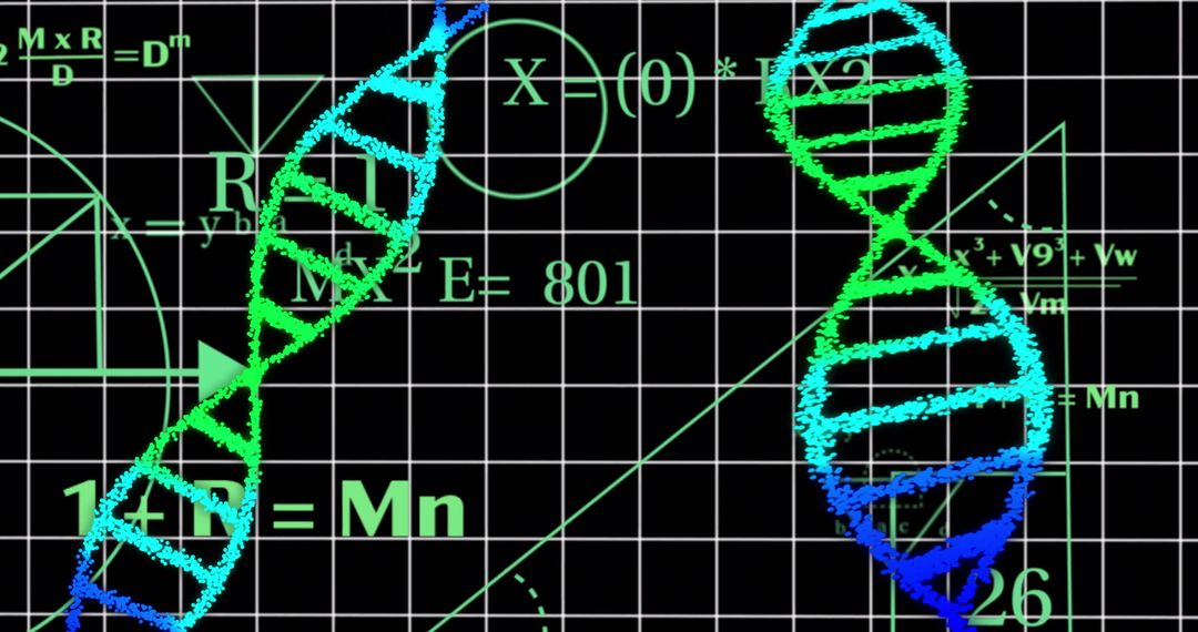 Genetic DNA Strands and Mathematical Formulas on Green Grid