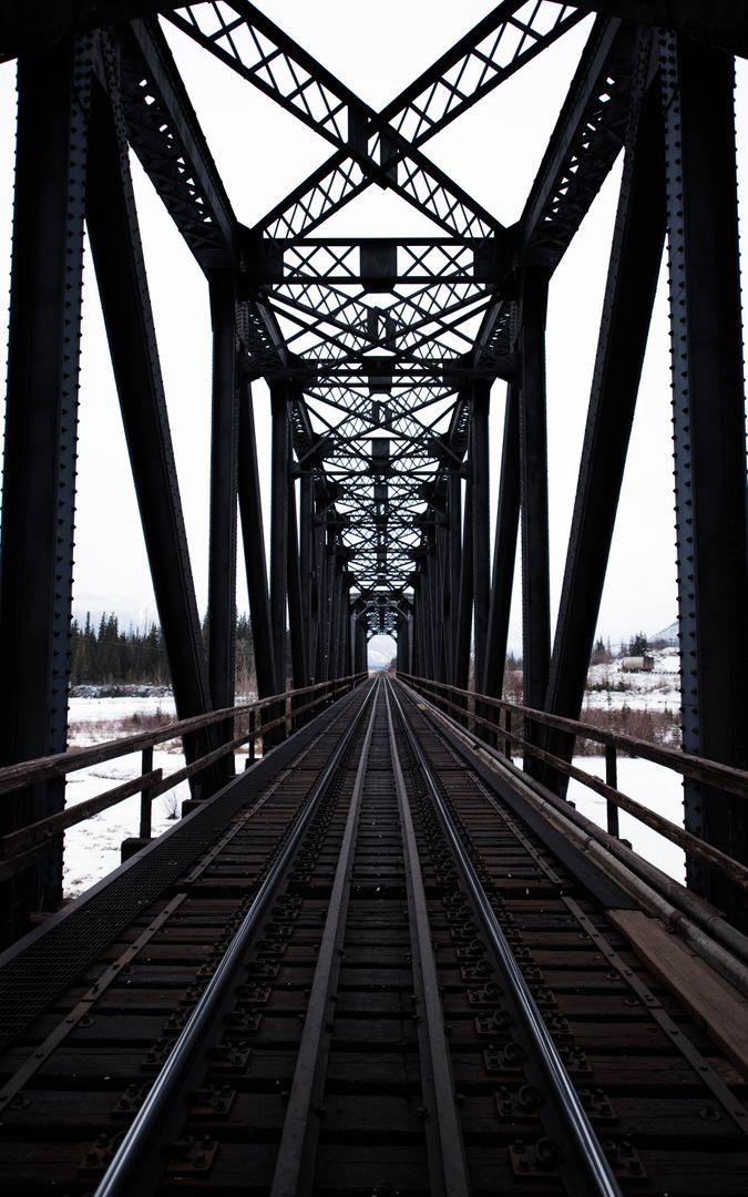 Symmetrical Perspective Railroad Bridge over Snowy Landscape - Free Images, Stock Photos and Pictures on Pikwizard.com