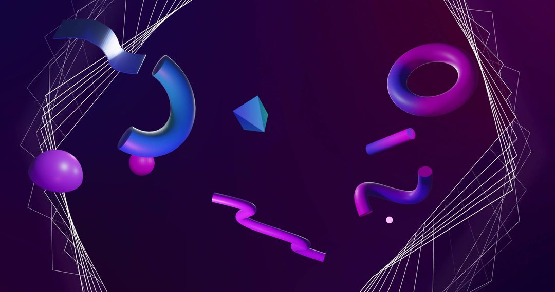 Abstract 3D Network of Rotating Blue and Purple Shapes on Dark Background