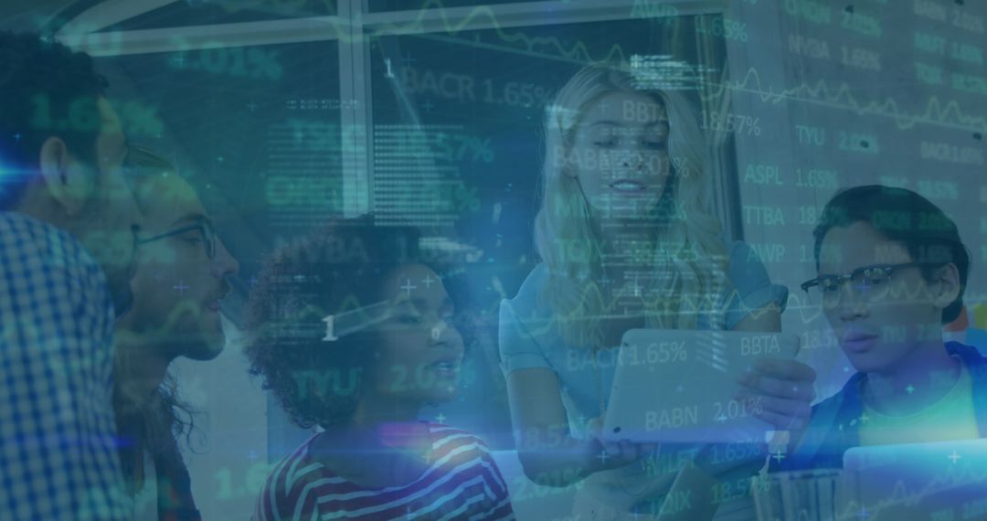 Team Analyzing Digital Data Projections in Modern Office