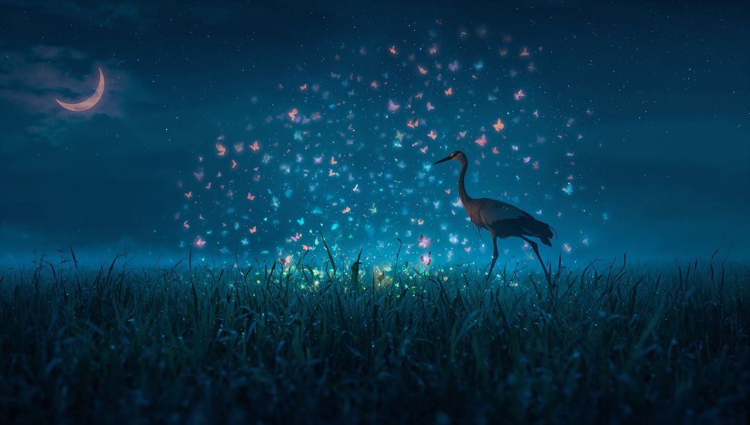 Moonlit heron standing in dewy meadow with bioluminescent butterflies, crescent moon