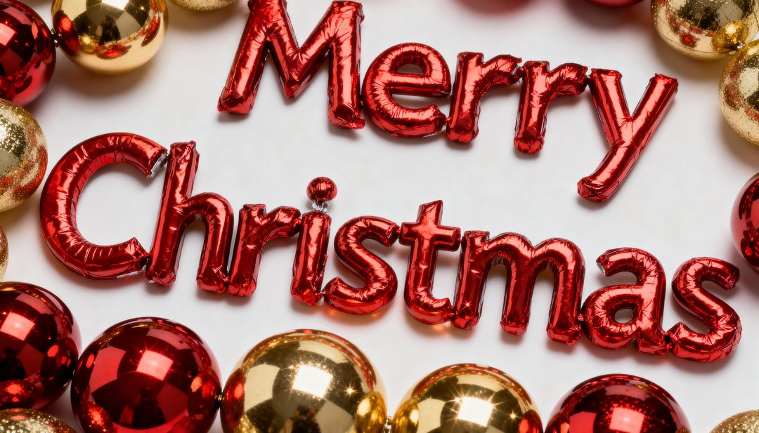 Merry Christmas Red Foil Balloon Letters Surrounded by Shiny Red and Gold Baubles