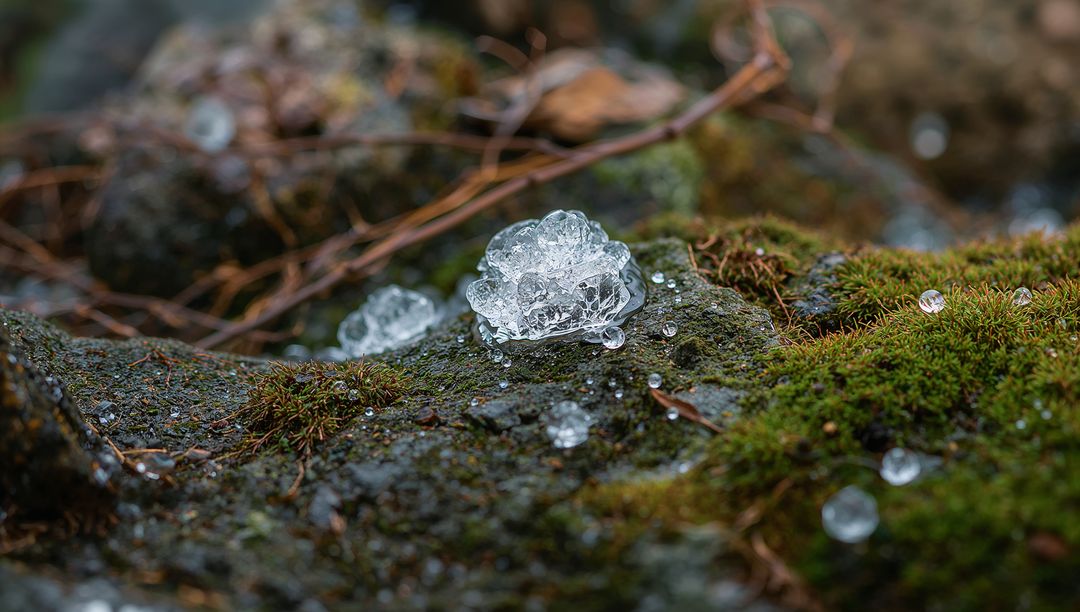 Irregular Ice Pellets Nesting on Mossy Rock Macro Close-Up Frost Dew Texture Forest Floor