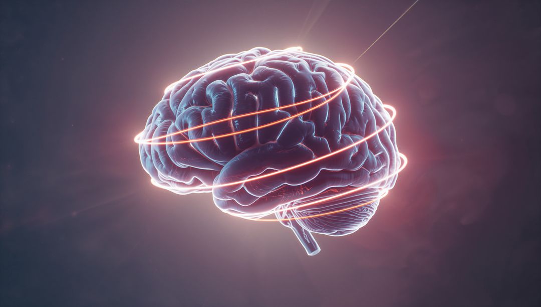 3D Brain Model with Neon Light Rings in Digital Space