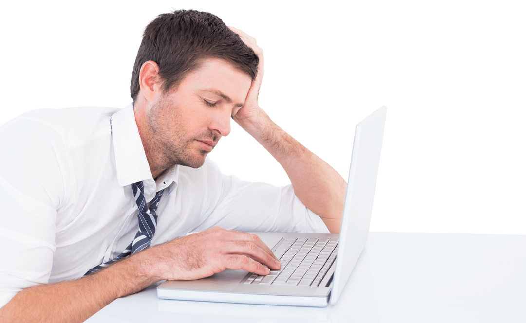 Transparent Tired Businessman Frustrated at Laptop Desk