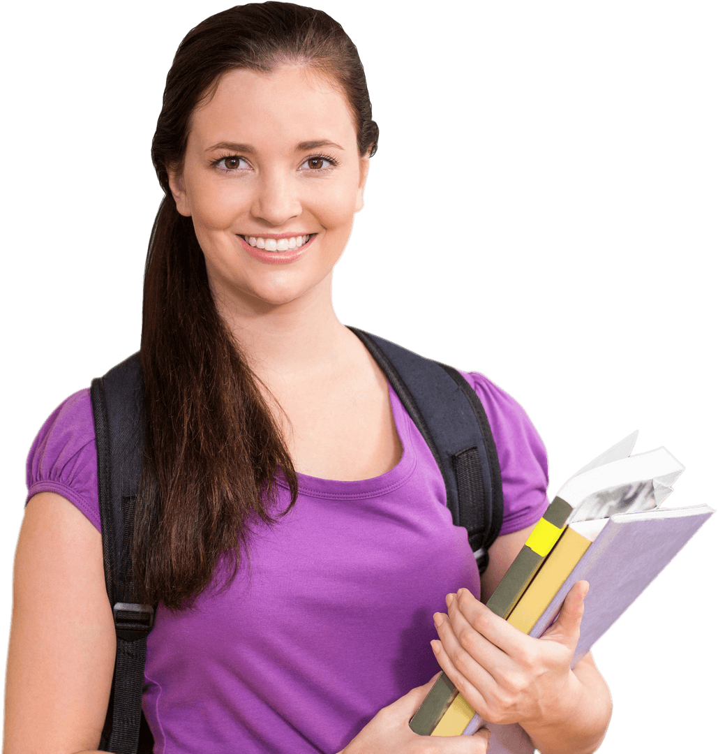 Smiling Young Woman with Books on Transparent Background