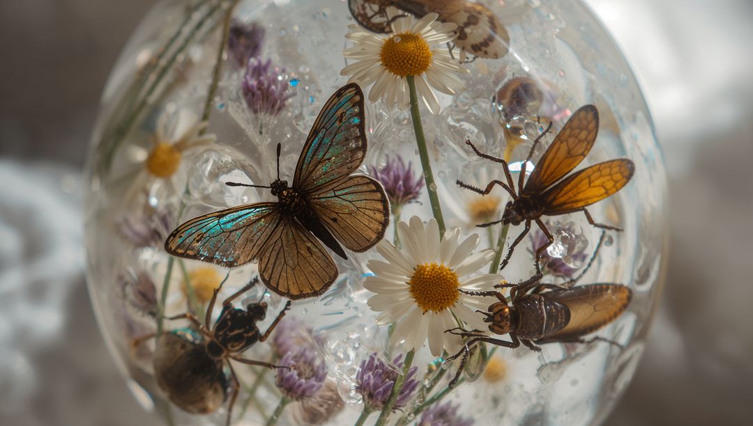 Iridescent Butterfly and Insects Suspended in Glass Sphere with Daisies and Bubbles