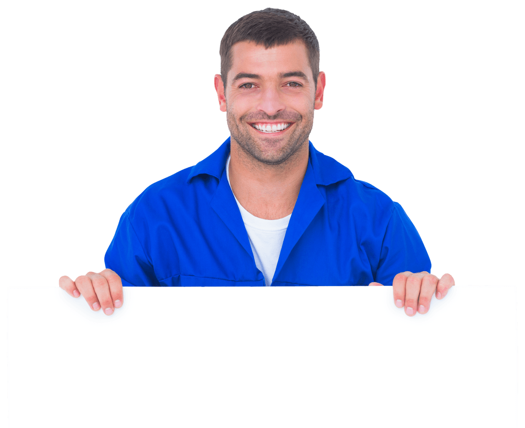 Smiling Mechanic Holding Blank Transparent Placard