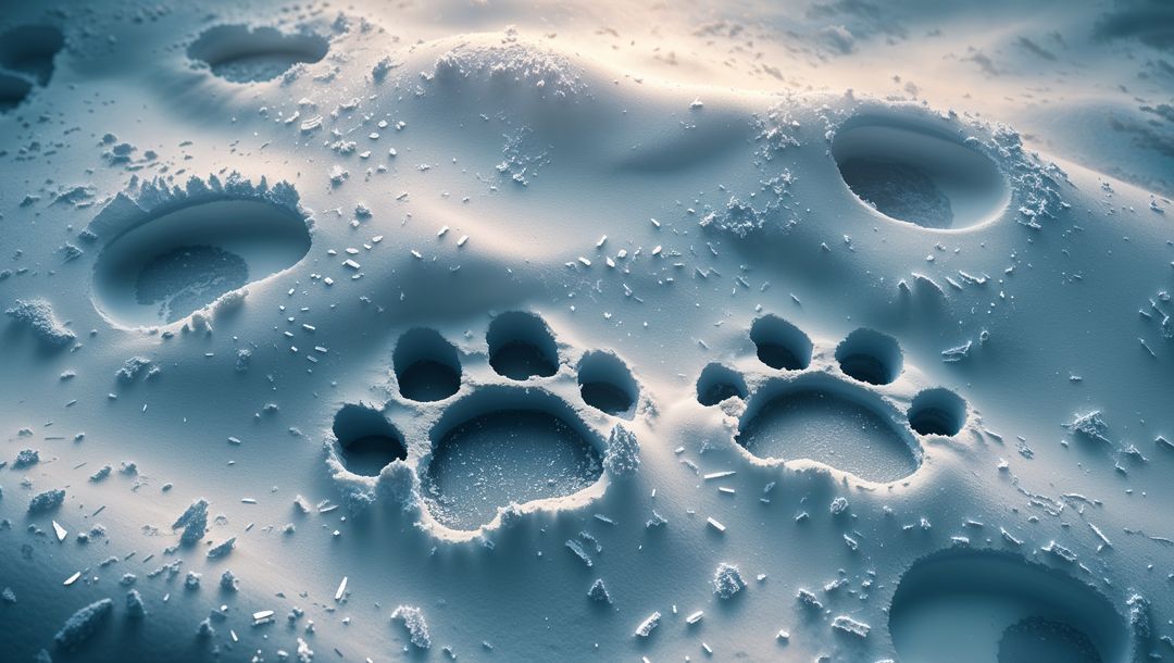 Animal Paw Prints in Fresh Snow with Scattered Ice Crystals