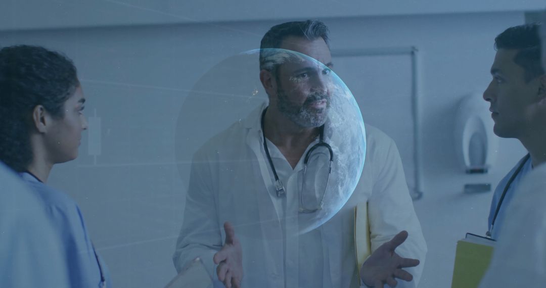 Medical Professionals Discussing Futuristic Holographic Technology