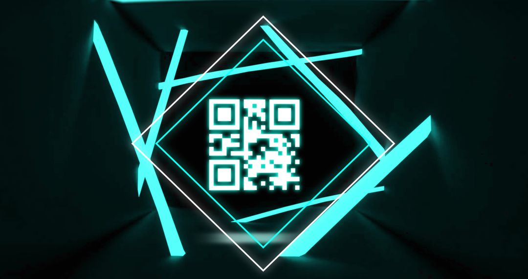 Glowing QR Code Amid Neon Geometric Shapes in Dark Background