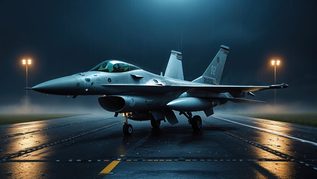 F16 fighter jet with wet runway reflection at night