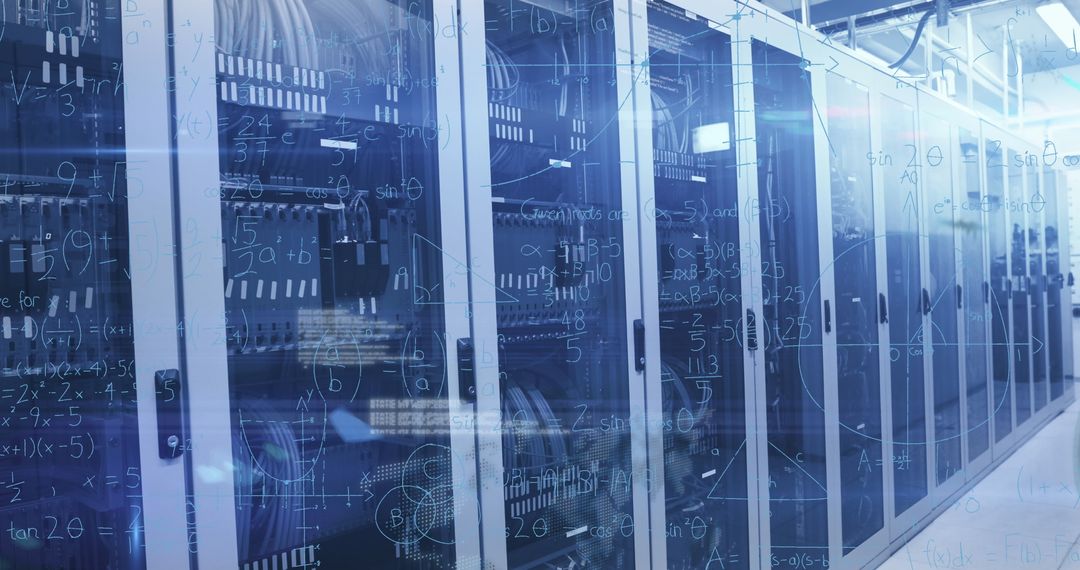 Server Room with Digital Interface Overlays and Mathematical Equations