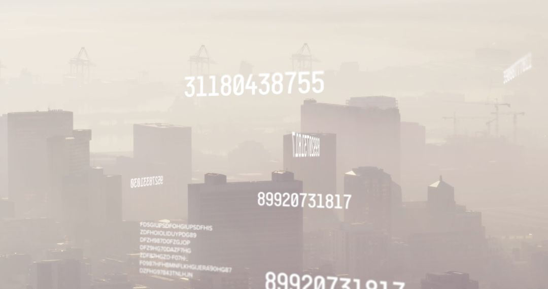 Digital Numbers Overlaying Foggy Urban Skyline