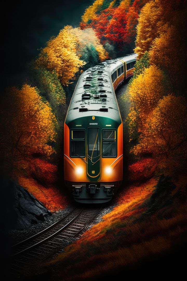 Image of modern train on tracks in fall forest, created using generative ai technology - Free Images, Stock Photos and Pictures on Pikwizard.com