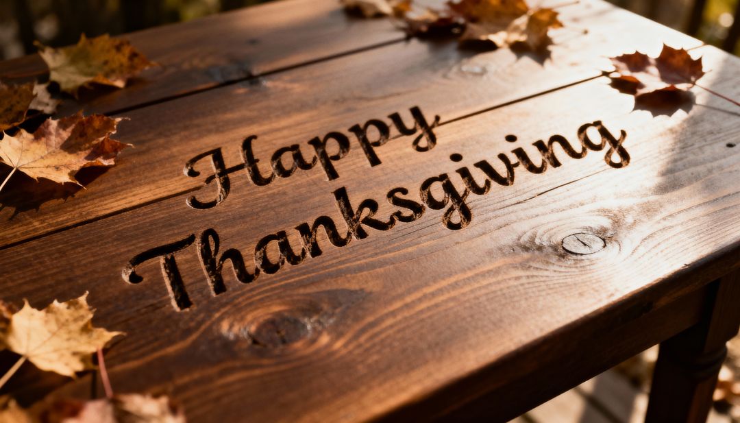 Sunlit wooden table carving Happy Thanksgiving surrounded by autumn maple leaves on deck