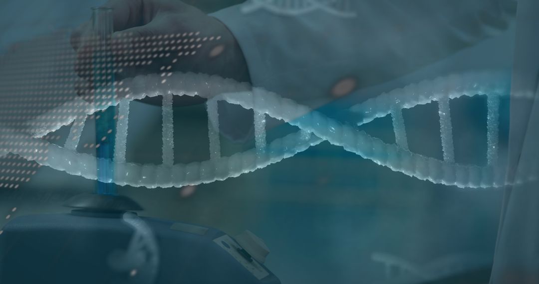 Scientist Analyzing DNA Strand and Digital Data in Laboratory
