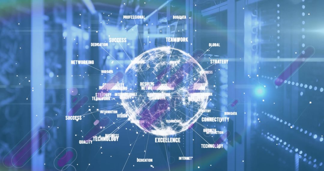 Futuristic Network Globe Projected Over Data Center Servers