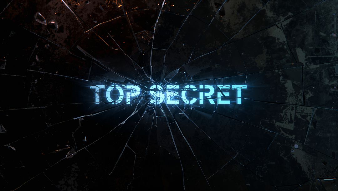 Neon Top Secret Text Breaking Through Radial Shattered Glass with Cyan Glow