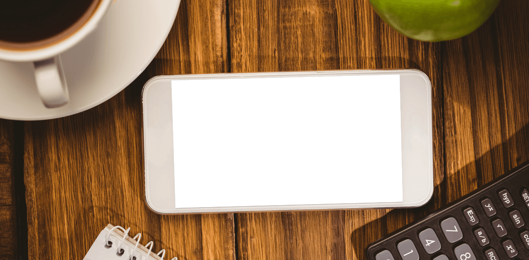 Transparent Smartphone Display on Wooden Table with Coffee