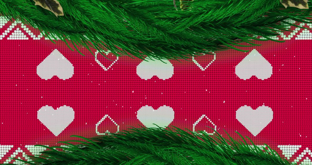 Festive Knit Fabric with White hearts and fir branches Display