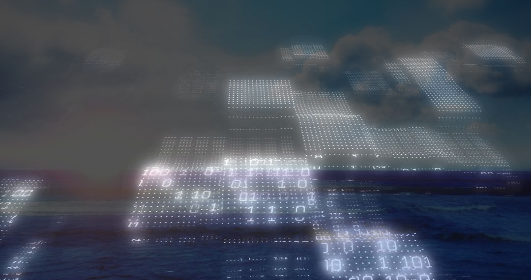Abstract Digital Grid Hovering Over Ocean at Night