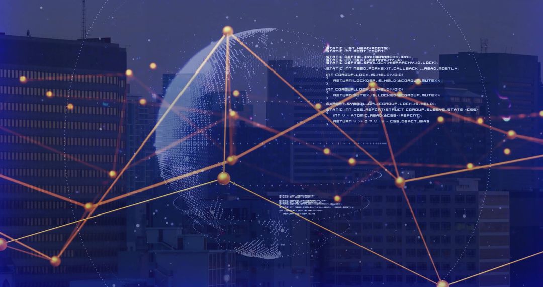 Futuristic Digital Network Overlays on Cityscape