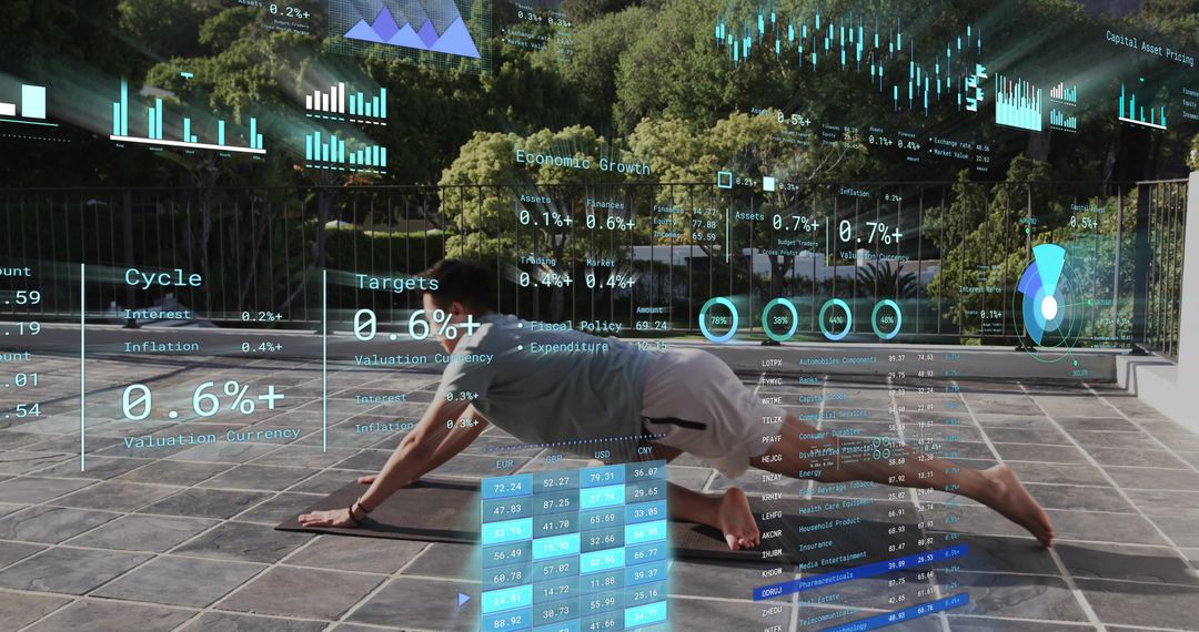 Asian man performing plank pushup on terrace with augmented reality financial overlays