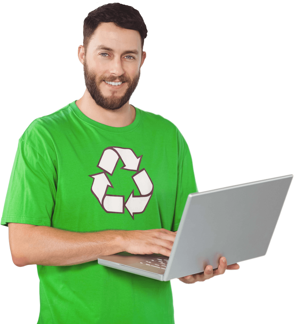 Transparent Enthusiast with Laptop in Eco-friendly Recycle Shirt