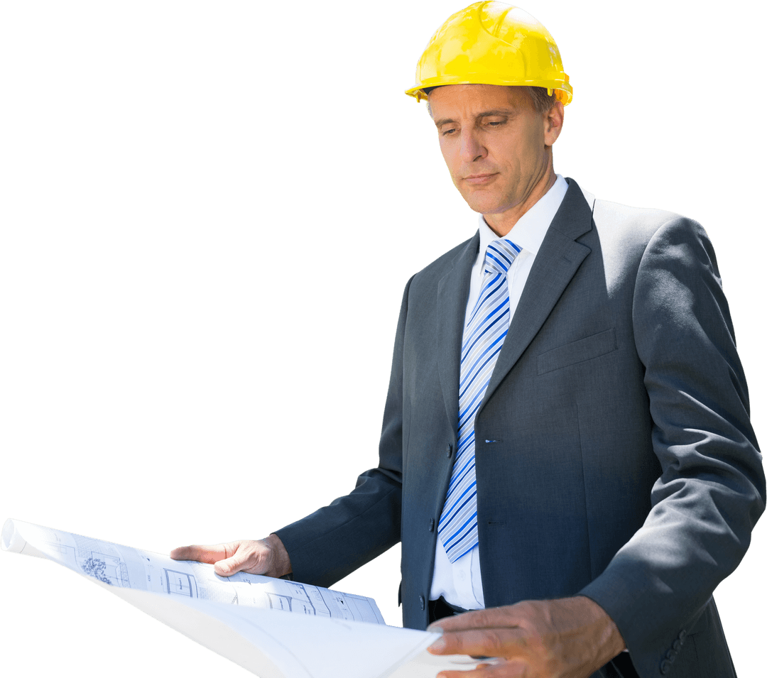 Transparent Businessman Architect Examining Blueprint Design