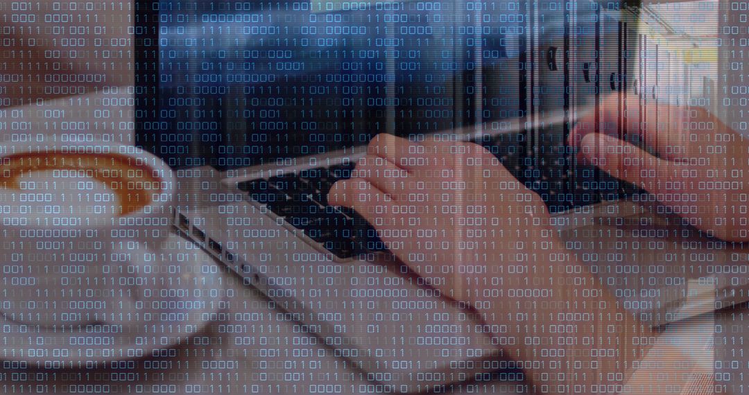 Binary Code Overlay on Woman Using Laptop for Data Processing