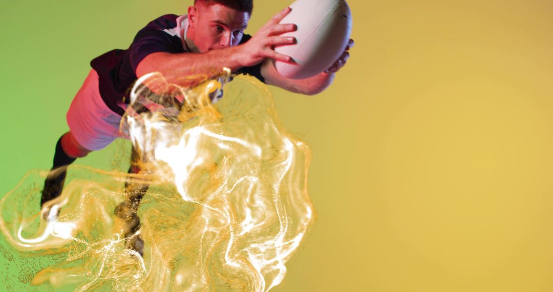 Dynamic Rugby Player Catching Ball with Energetic Light Effects