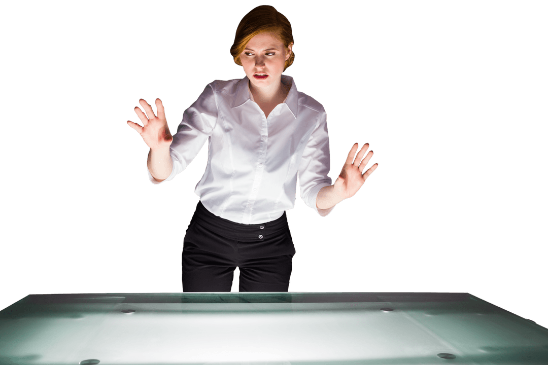 Businesswoman Engaging with Virtual Interface on Transparent Background