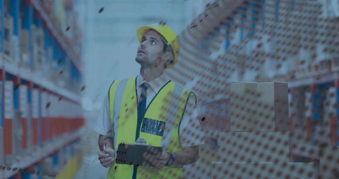 Warehouse inspector wearing high-visibility vest and hard hat conducting rack inspection