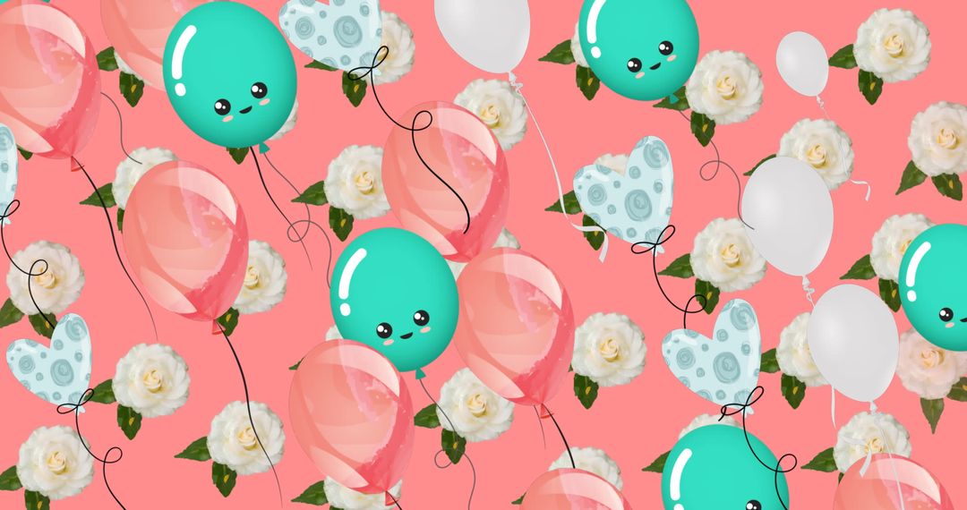 Playful Balloons and Roses Pattern on Pink Background