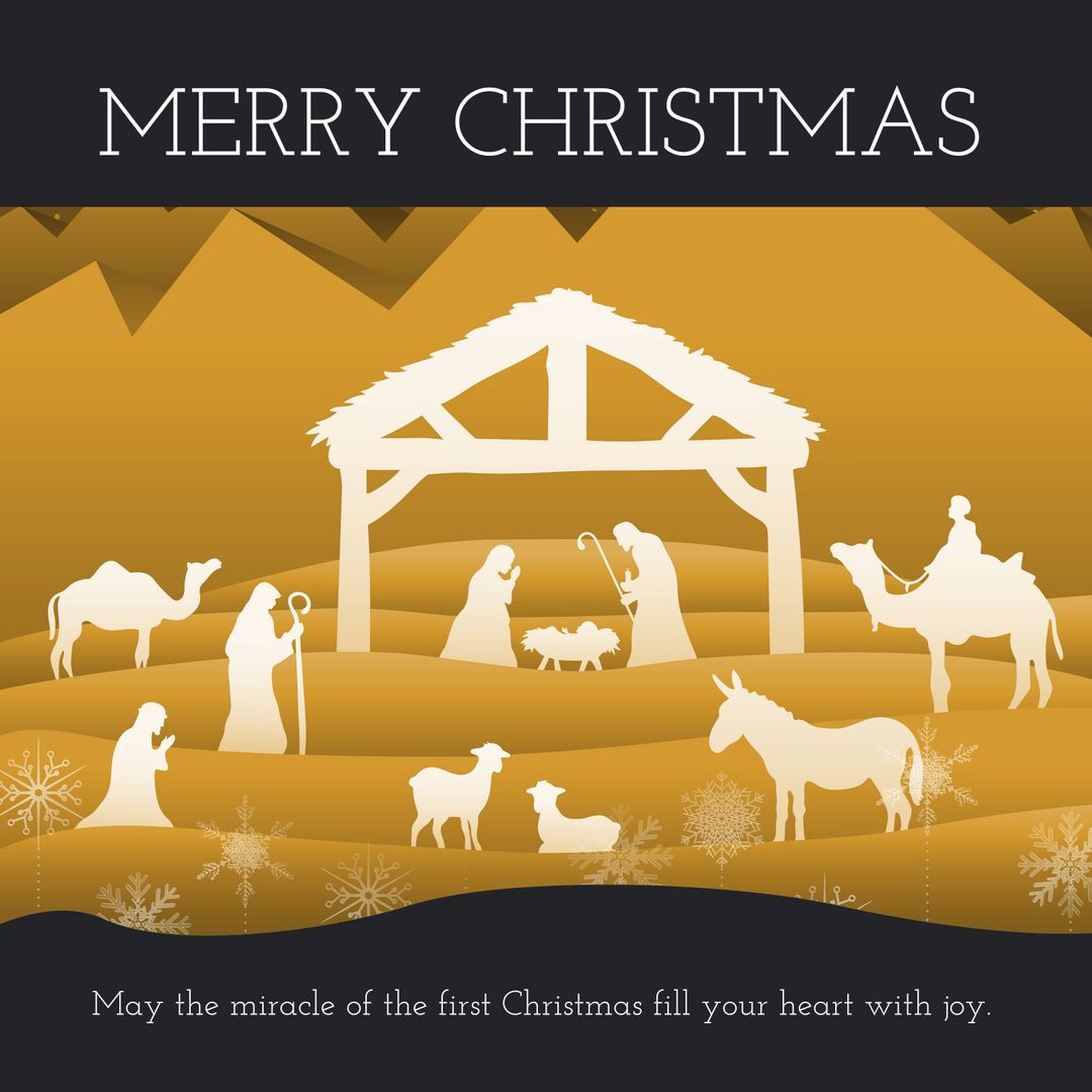 Serene Nativity Scene with Merry Christmas Greeting