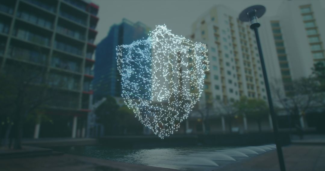 Digital Security Shield Over Modern Cityscape
