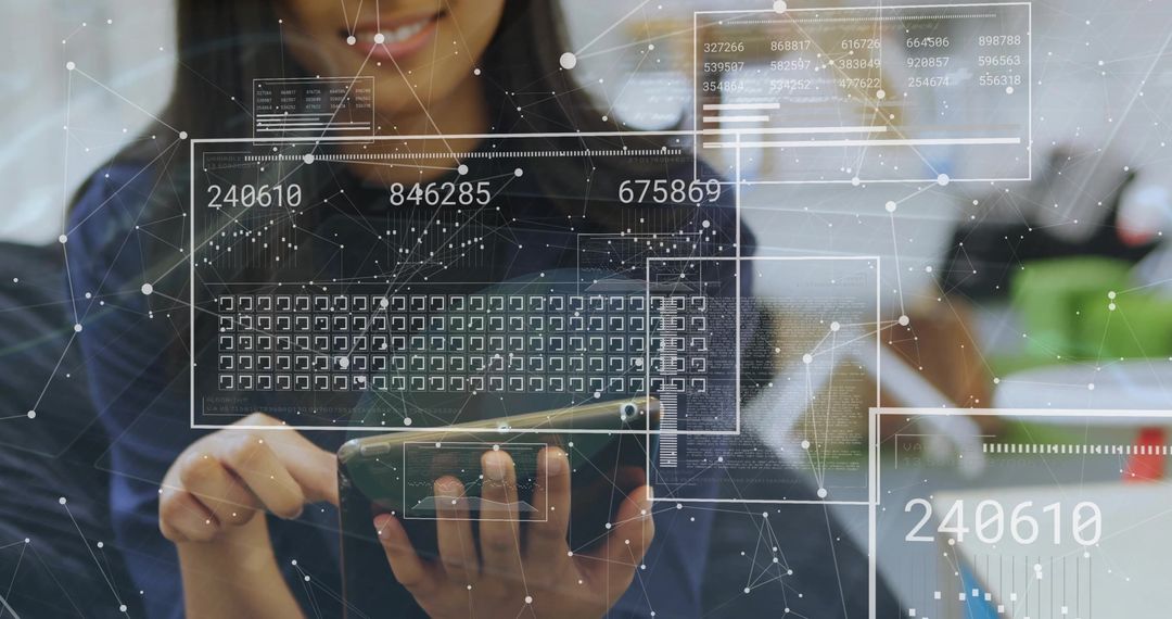 Woman Using Smartphone with Futuristic Overlay for Business Tech