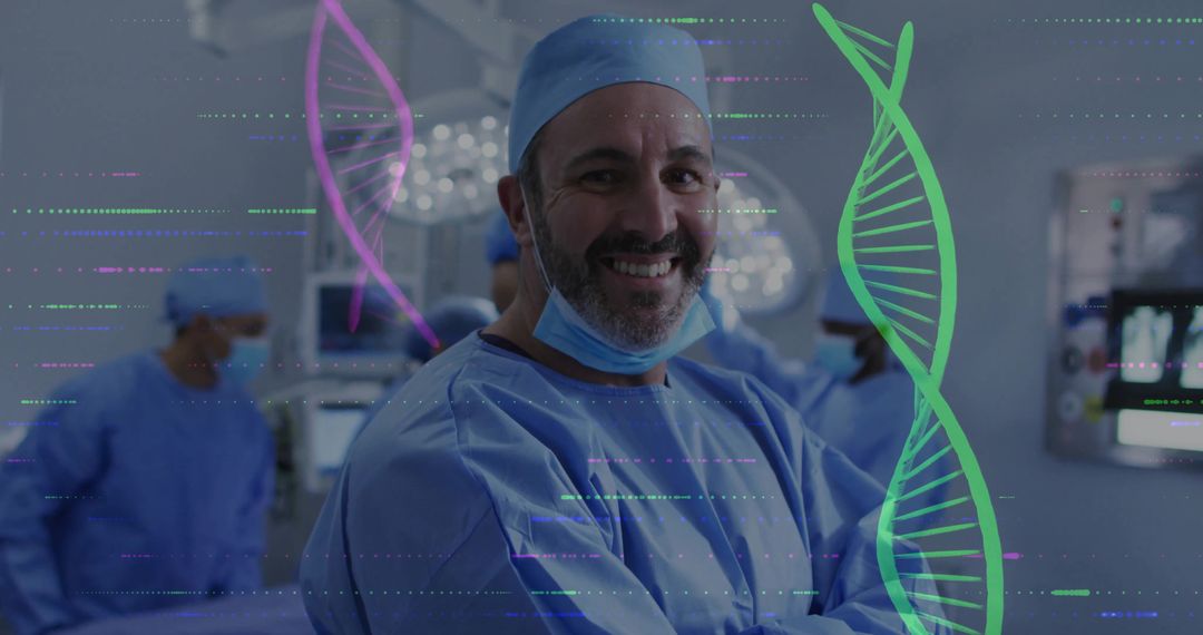Smiling Surgeon in Operating Room with DNA Graphics Overlay