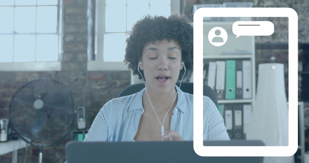 Businesswoman Engaged in Virtual Meeting with Digital Chat Interface