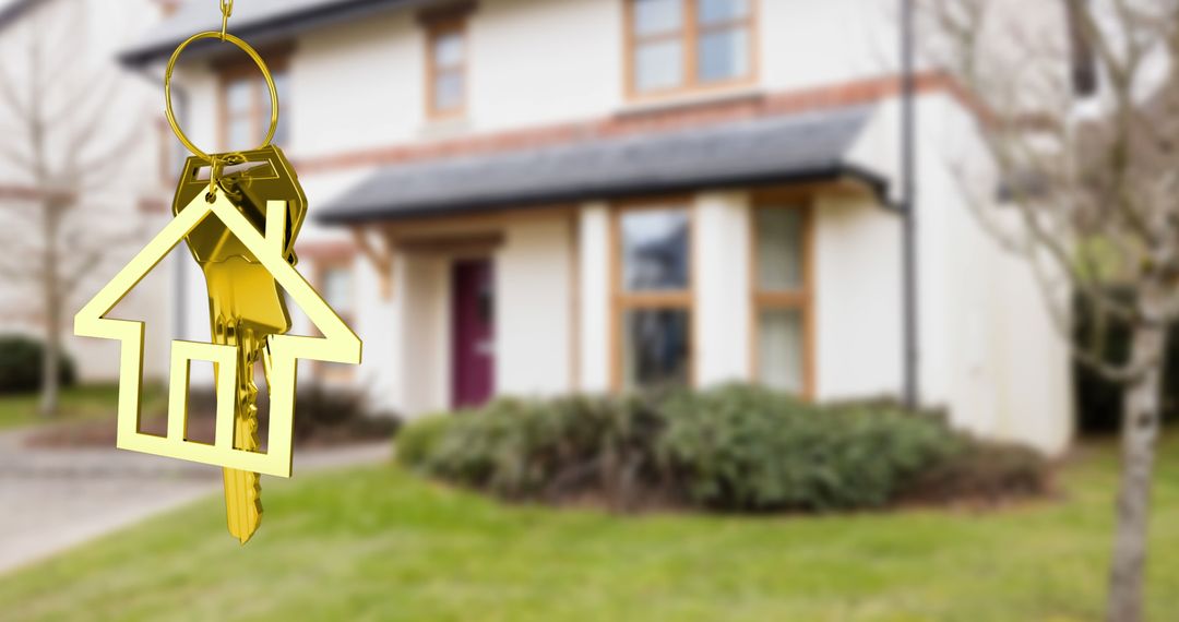 Golden House Key with House Charm Symbolizes Property Ownership