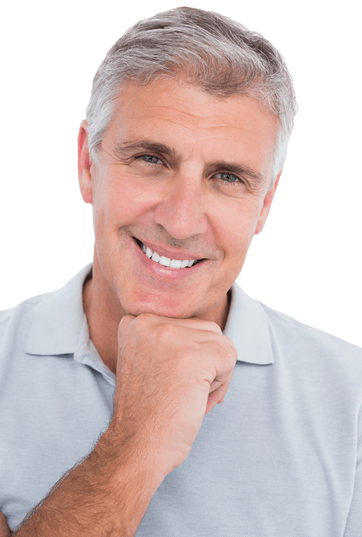 Transparent Background Man Smiling with Hand on Chin