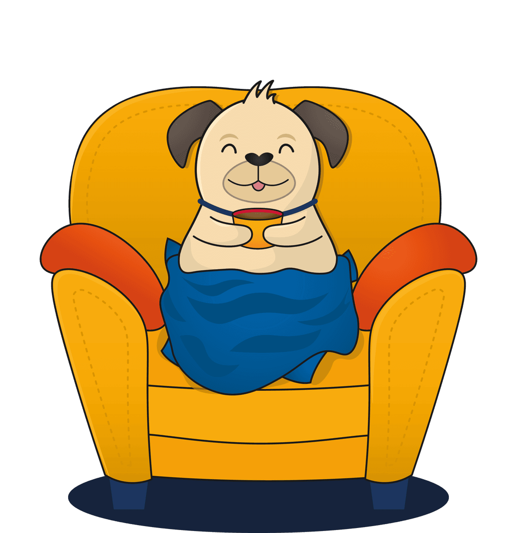 Happy Dog with Hot Cocoa Wrapped in Blanket on Chair Transparent Background