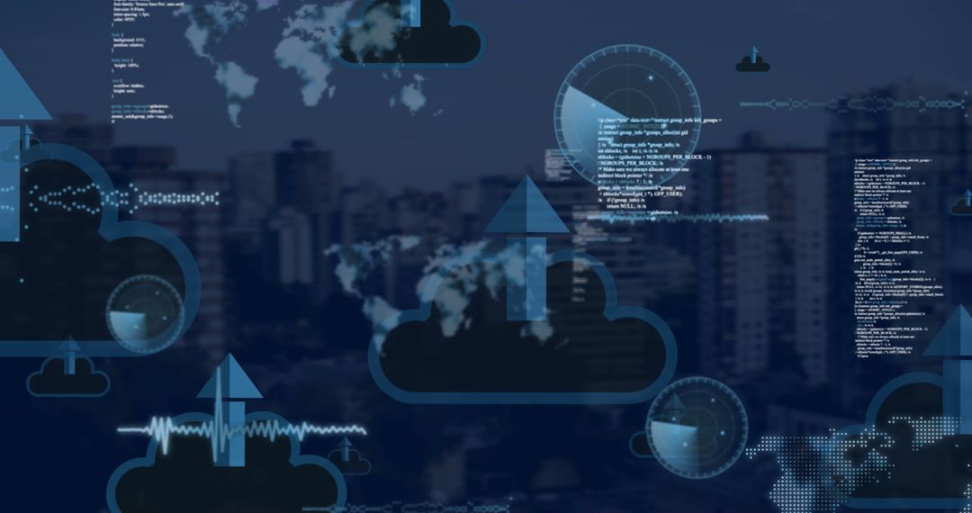 cloud computing concept with data interfaces and cityscape - Free Images, Stock Photos and Pictures on Pikwizard.com