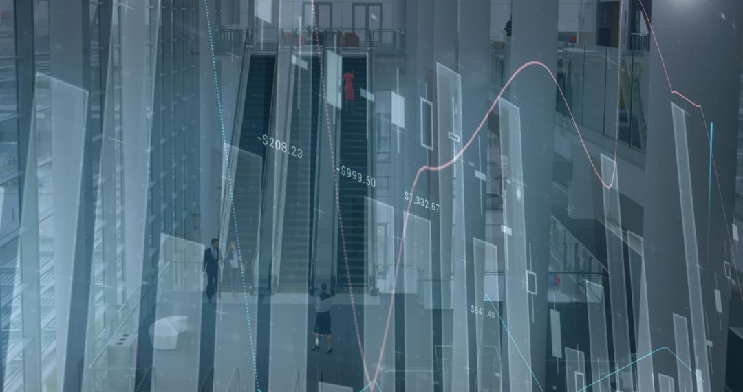 Digital Business Analytics Displayed Over Corporate Building Interior