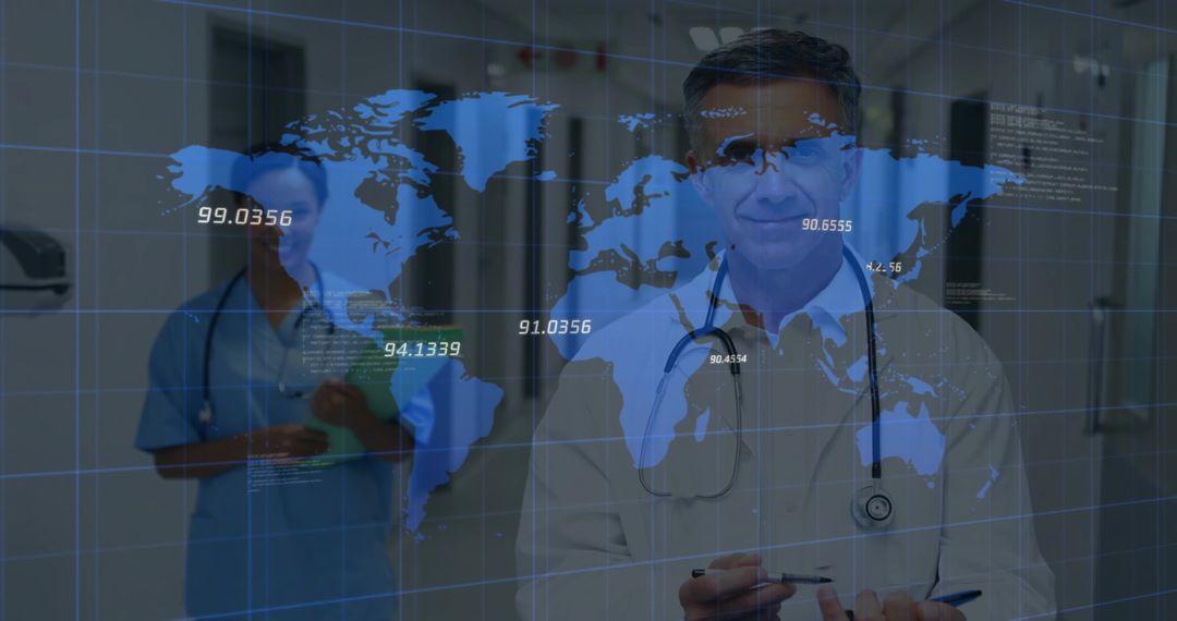 Doctor Analyzing Global Healthcare Data with Map Overlay