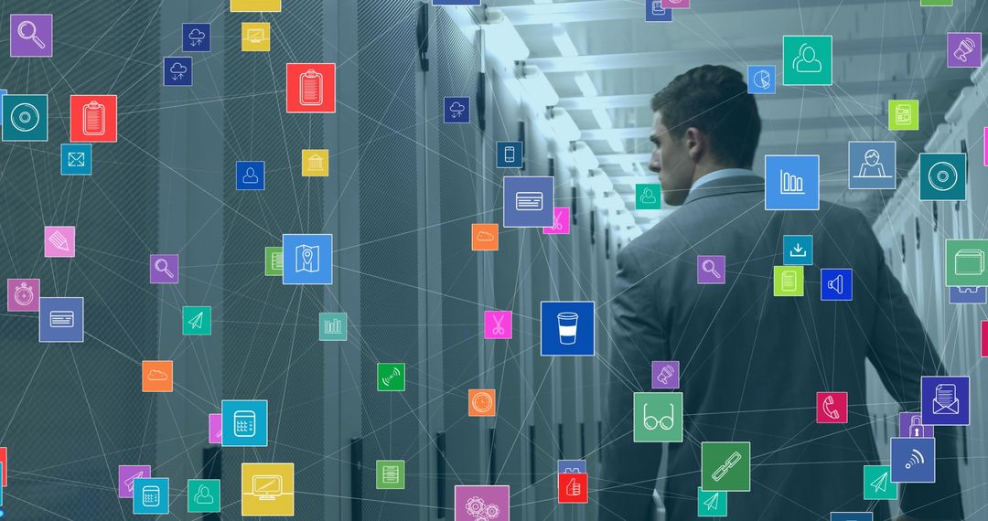 Businessman Analyzing Digital Networks in Modern Server Room