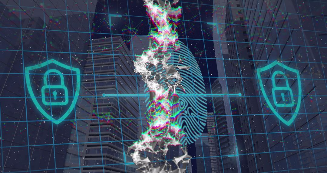 Fingerprint Biometric Security Overlaid on Urban Skyline
