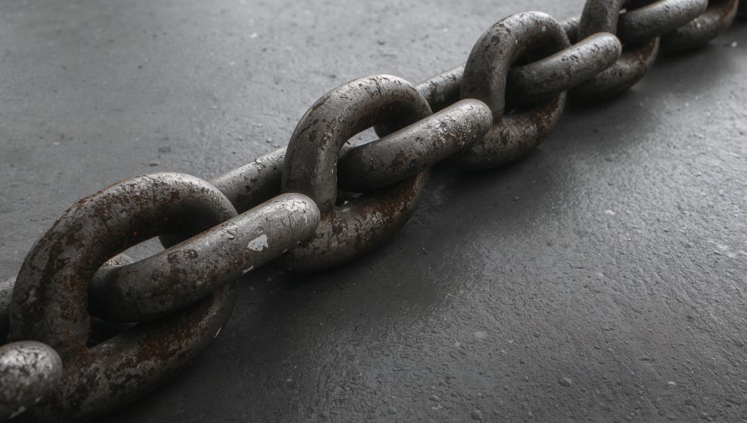 Rusted heavy steel chain resting diagonally on concrete floor closeup industrial texture