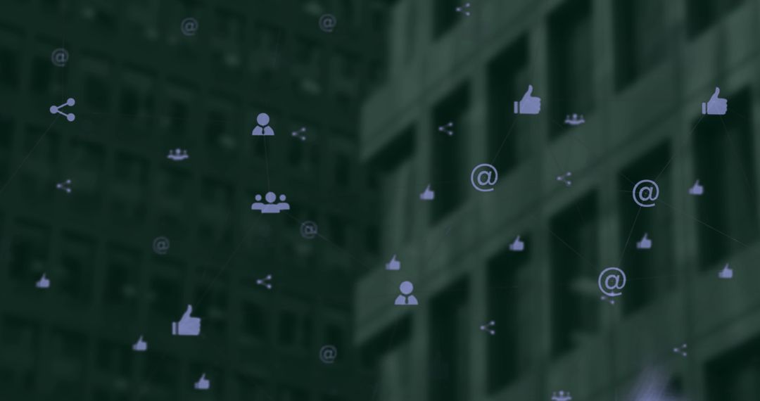 Digital Network Icons Overlaying Urban Cityscape Infrastructure